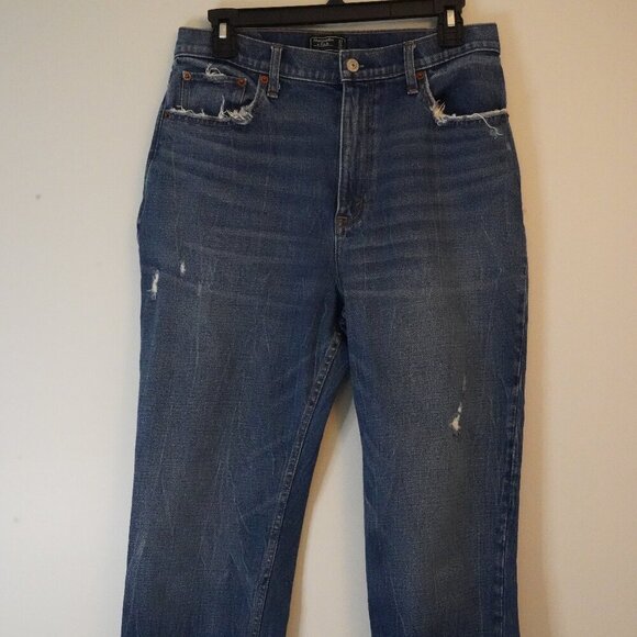 Abercrombie & Fitch, Mom Jean, Cracked Destroyed Hem Straight Leg Jeans, Blue - Picture 3 of 9